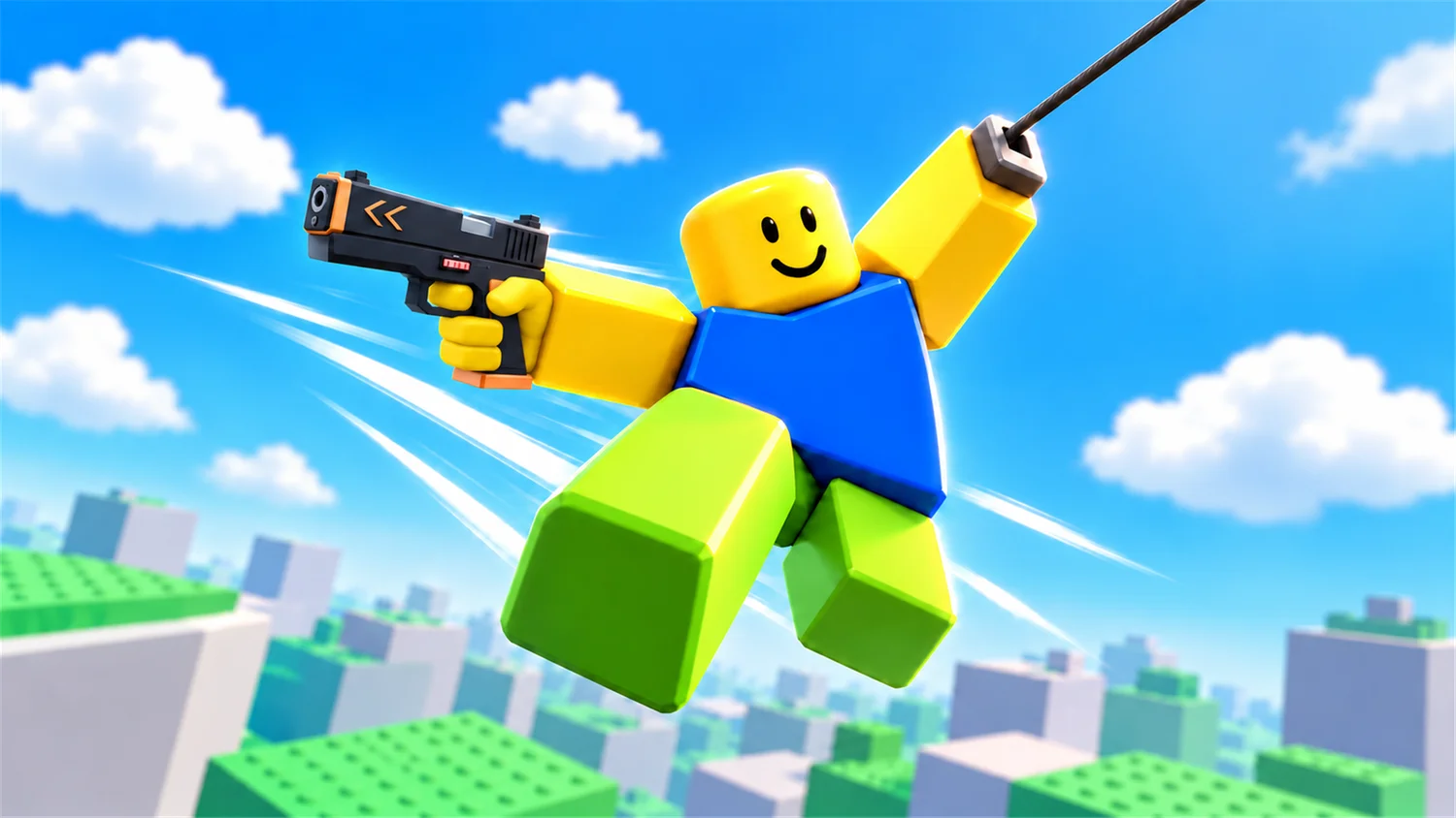 Grappled promotional artwork: a smiling Roblox character swings above rooftops with a grapple and pistol