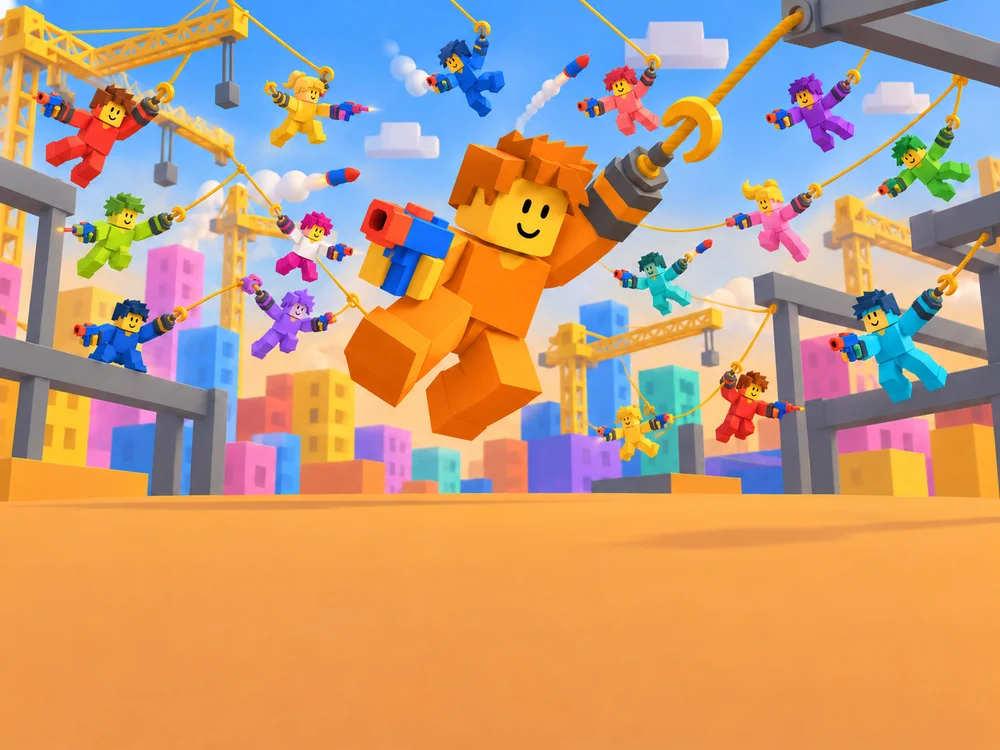 Grappled promotional art of colorful fighters swinging between construction cranes